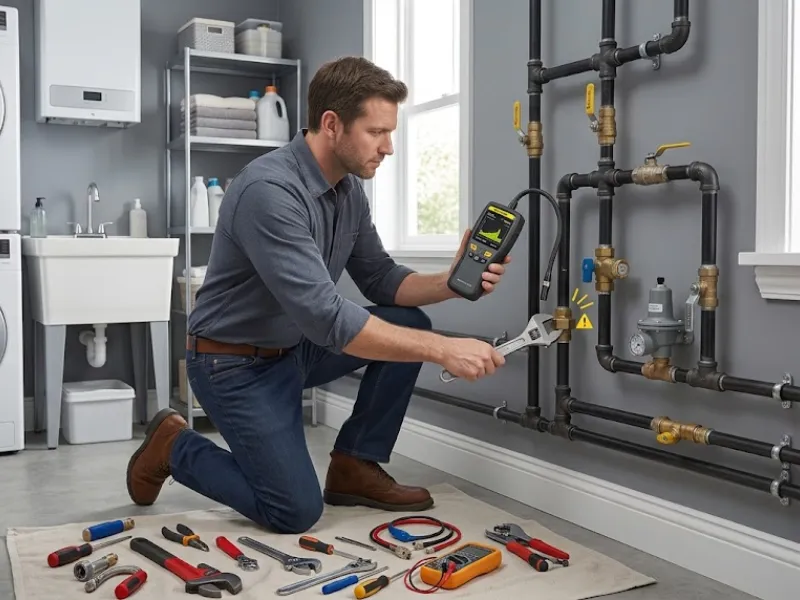 A&A Plumbing technician inspecting and repairing a gas line leak in San Diego
