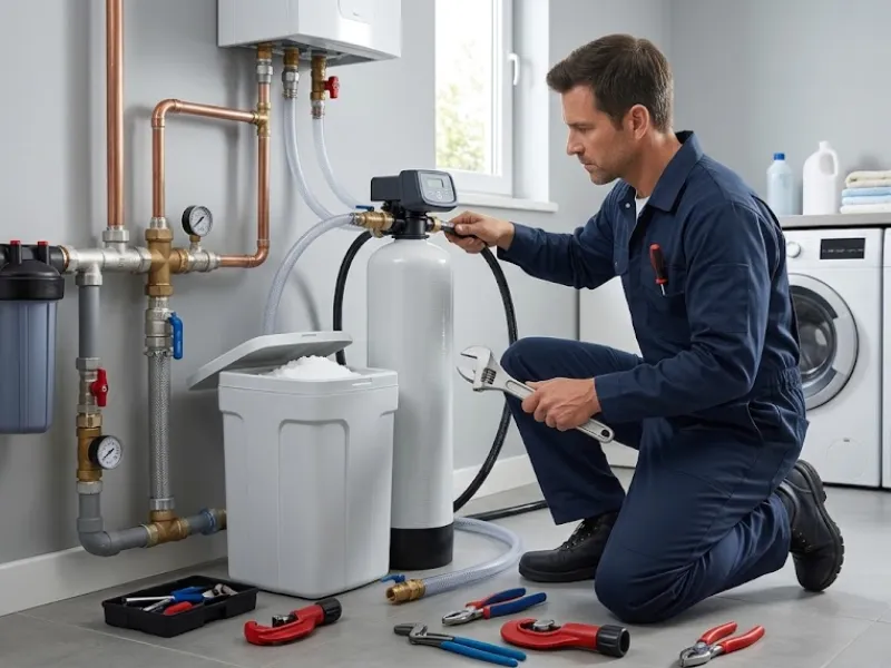 A&A Plumbing installing a water softener and filtration system in a Lakeside home